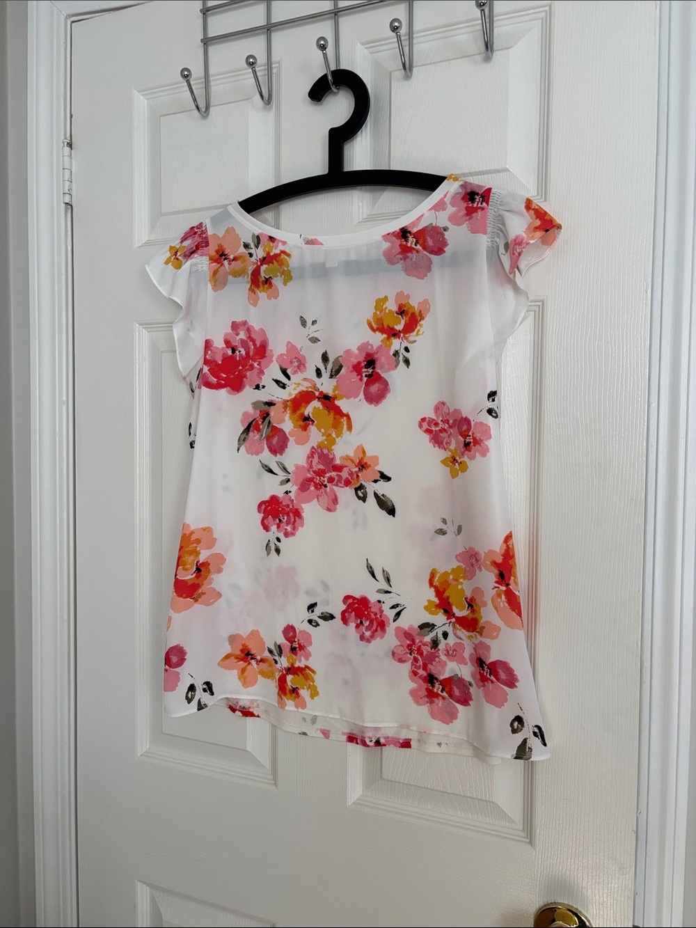 LOFT White Floral Cap-Sleeve Blouse with Pink & Orange Blooms